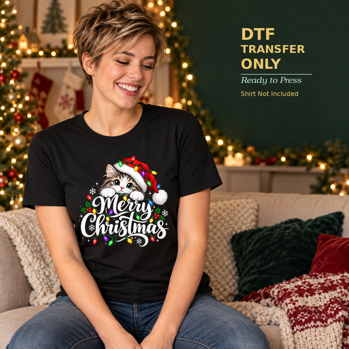 Woman in a black shirt with a Santa-hat raccoon and Merry Christmas lettering in a festive living room.