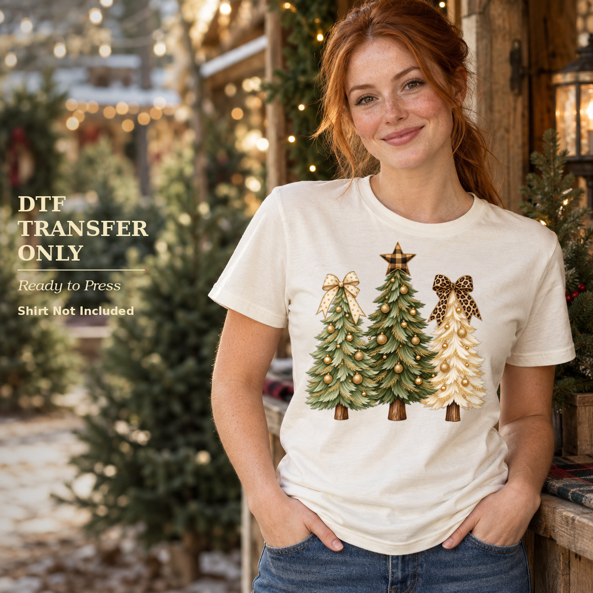 Woman in a white shirt with three illustrated Christmas trees and bows, including a leopard bow, on a snowy porch.