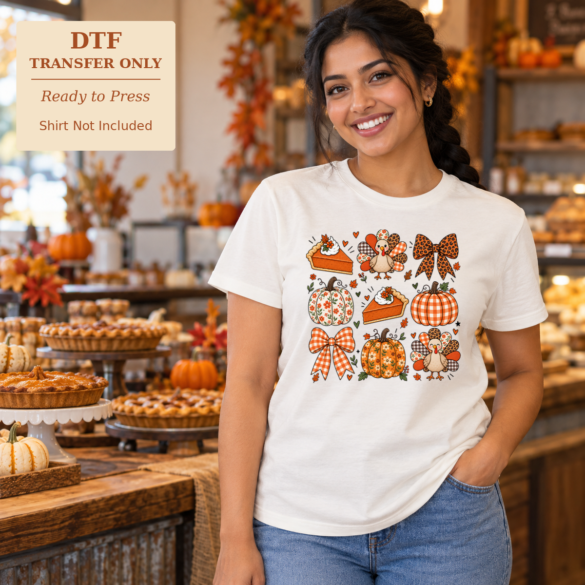 Woman in a white shirt with a grid-style collage of fall turkeys, pumpkins, bows, and sneakers inside a bakery.