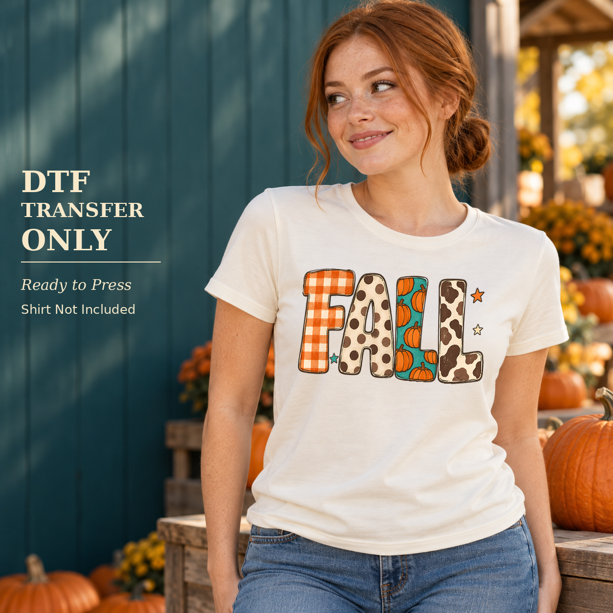 Woman in a white shirt with Fall lettering in orange plaid, leopard, pumpkin, and cow-print patterns on an autumn porch.