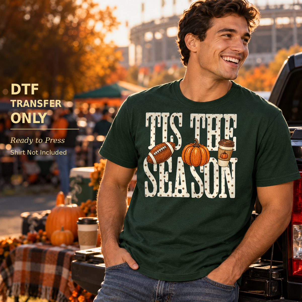 Man in a dark green Tis the Season shirt with a football, pumpkin, and coffee cup at an autumn tailgate.