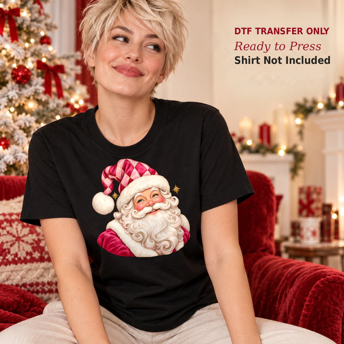Woman in a black shirt with a vintage-style smiling Santa portrait wearing a red-and-white striped hat in a Christmas living room.