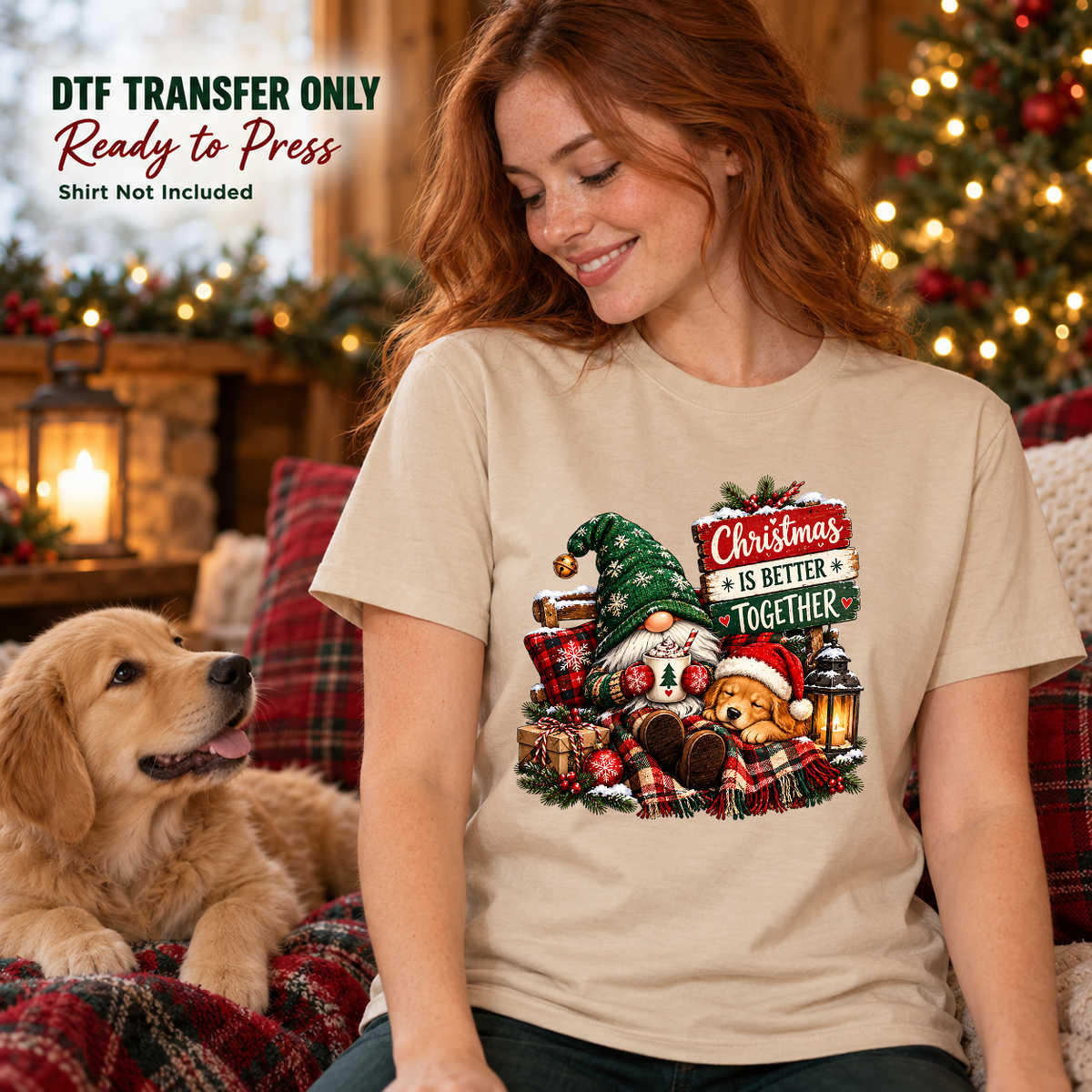 Woman wearing a tan shirt with a Christmas gnome, dog, and Christmas Is Better Together sign beside a dog in a holiday living room.
