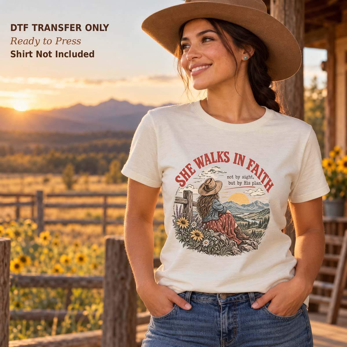 Woman wearing a cream She Walks in Faith shirt showing a seated cowgirl, mountains, and flowers on a ranch porch.