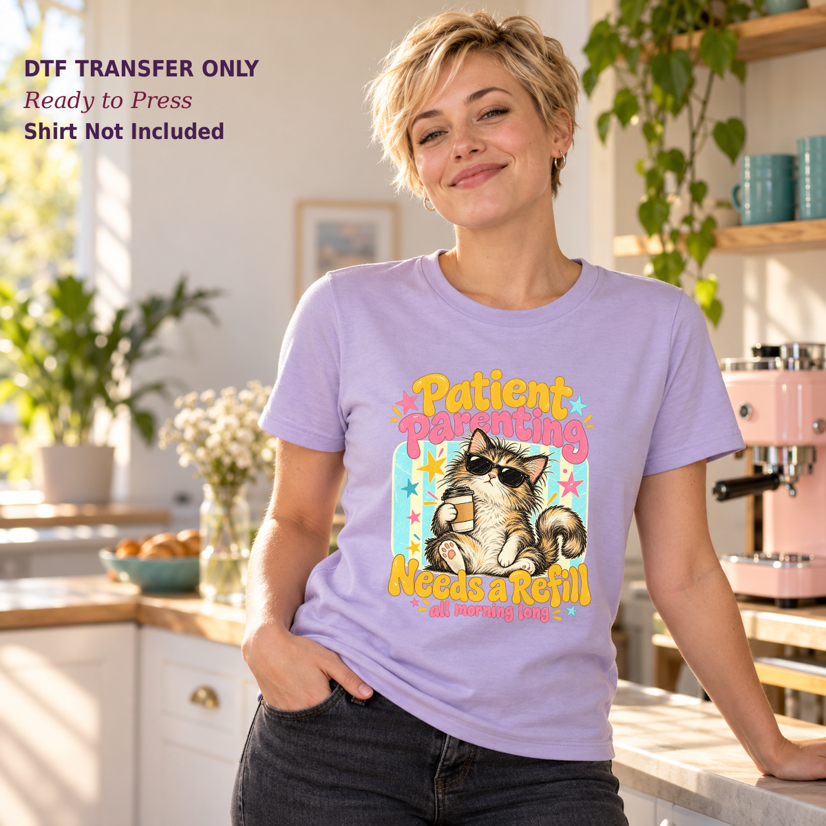 Woman in a lavender shirt with a sunglasses-wearing cat holding coffee and Patient Parenting Needs a Refill All Morning Long lettering.