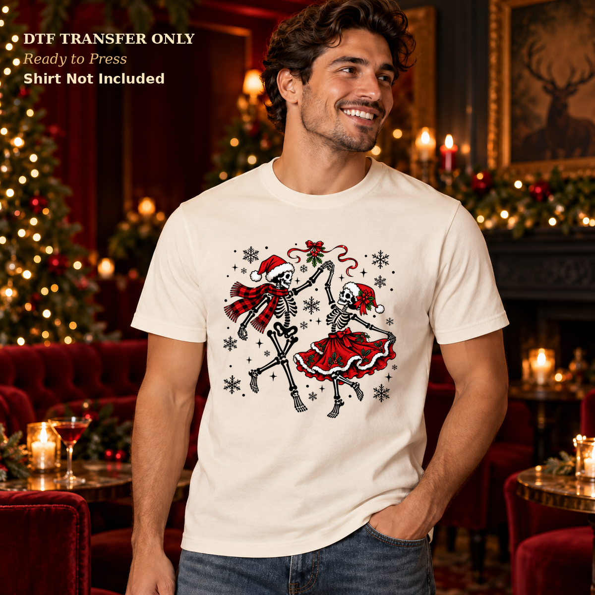 Man wearing a cream shirt with two dancing skeletons in Santa hats and red festive accessories in a Christmas lounge.