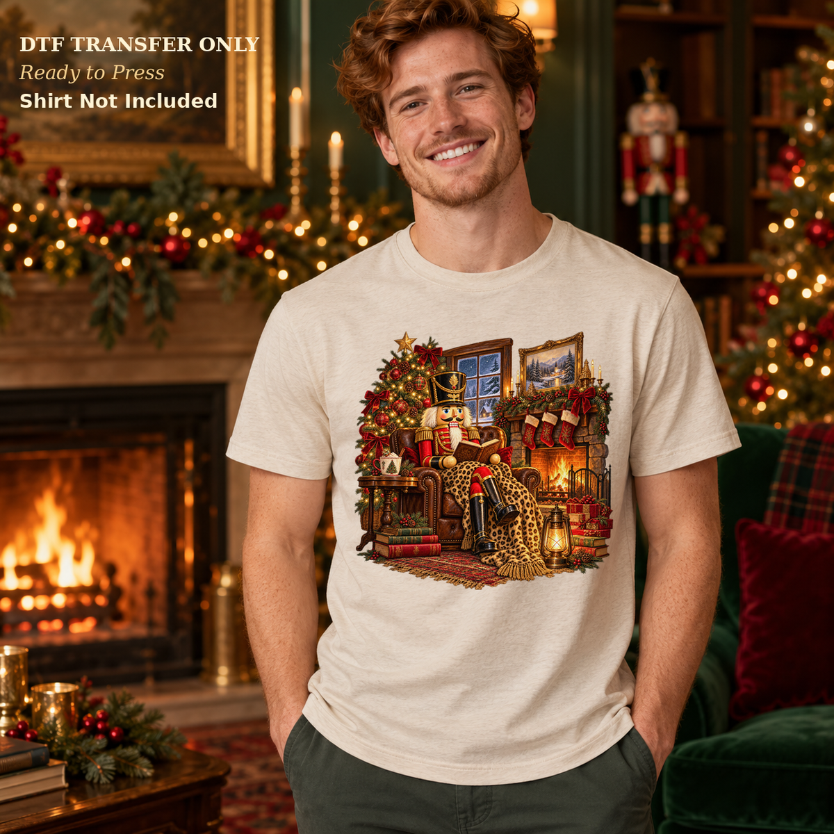 Man in a cream shirt showing a detailed Christmas room scene with a fireplace, tree, stockings, chair, and lantern in a festive lodge.