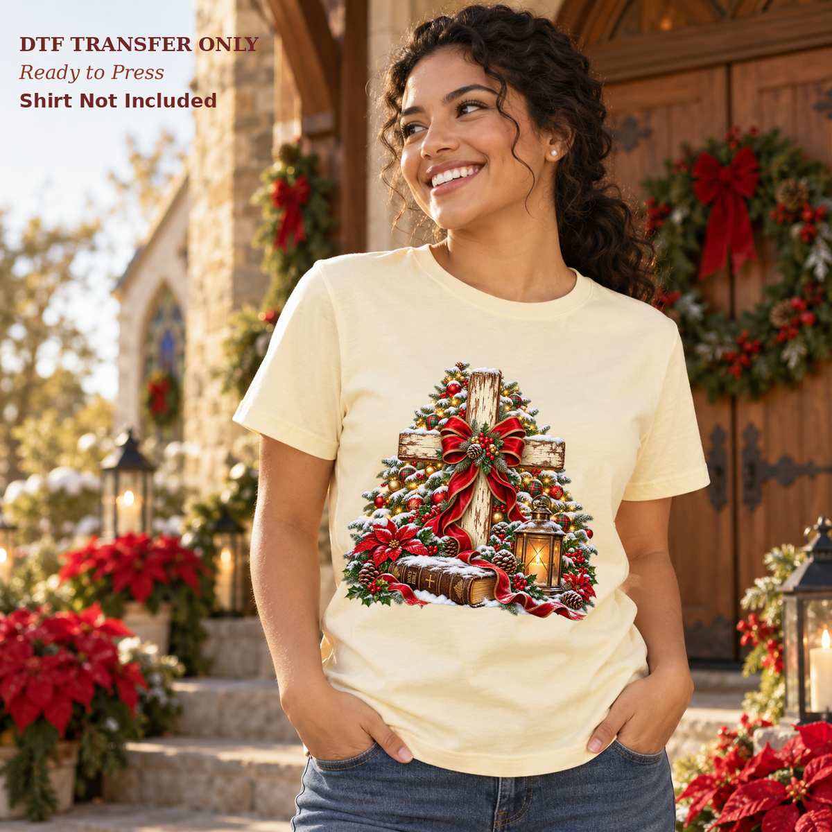 Woman wearing a cream shirt with a rustic cross, red bow, Bible, lantern, and snowy Christmas greenery outside a church.