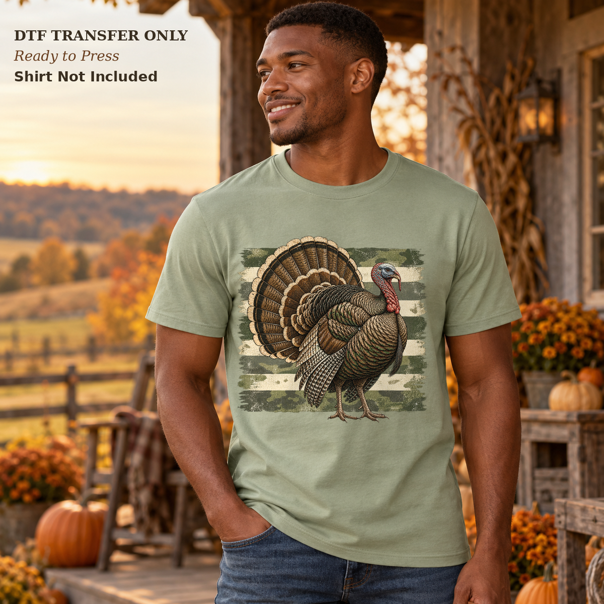 Man in a sage shirt with a detailed wild turkey over green camouflage-style stripes on a rustic porch.