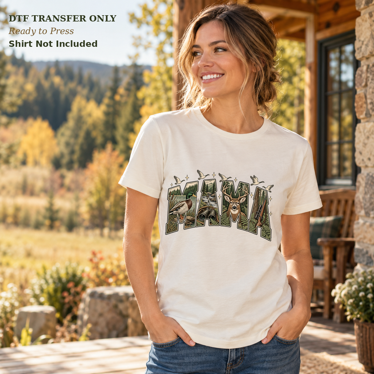 Woman in a white shirt with Mama lettering filled with a duck, deer, woodland scenes, binoculars, and hunting gear on a cabin porch.