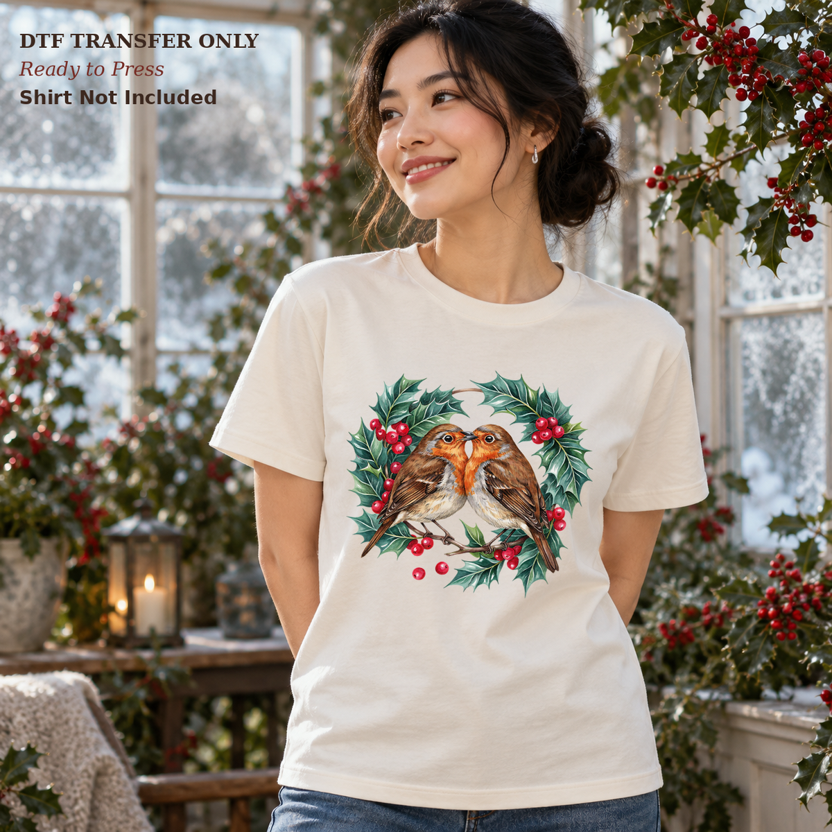 Woman in a cream tee showing two robins inside a holly and red berry wreath.