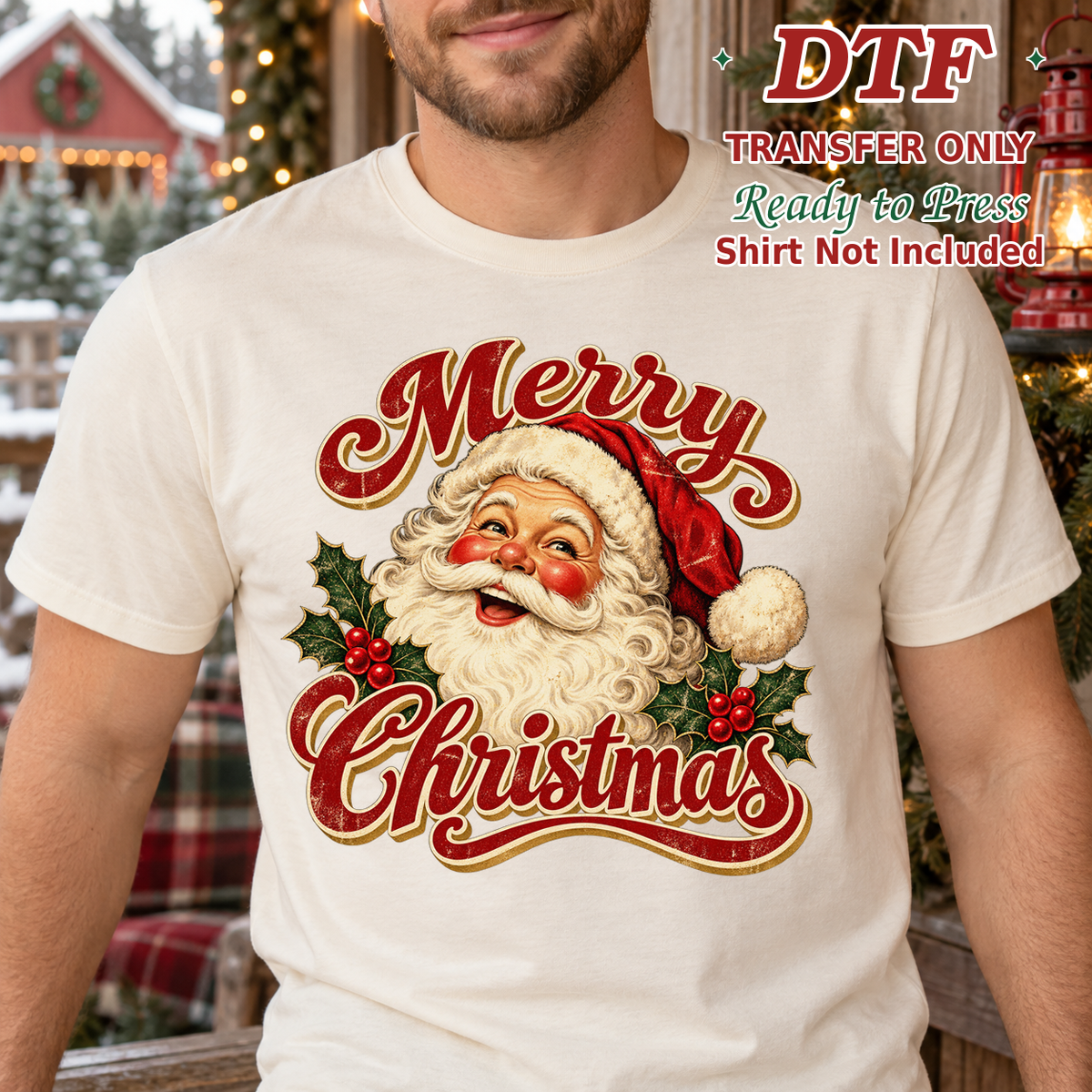 Man in a cream tee with a vintage Santa face and red Merry Christmas lettering.