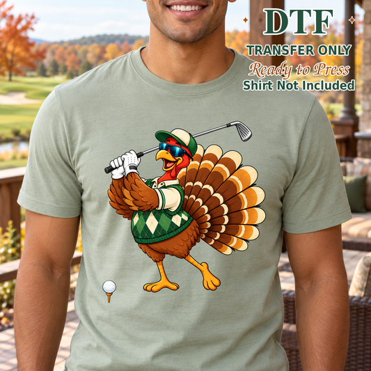 Man in a sage tee with a cartoon turkey wearing a golf outfit and swinging a club.