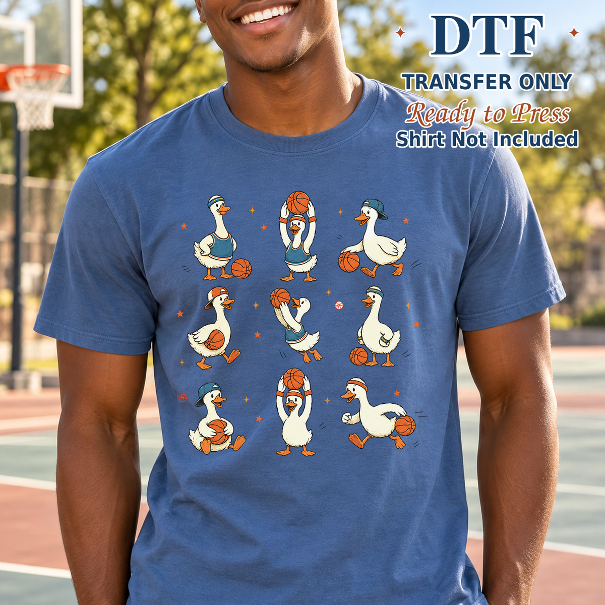 Man in a blue tee showing a grid of nine geese in fall outfits and accessories.