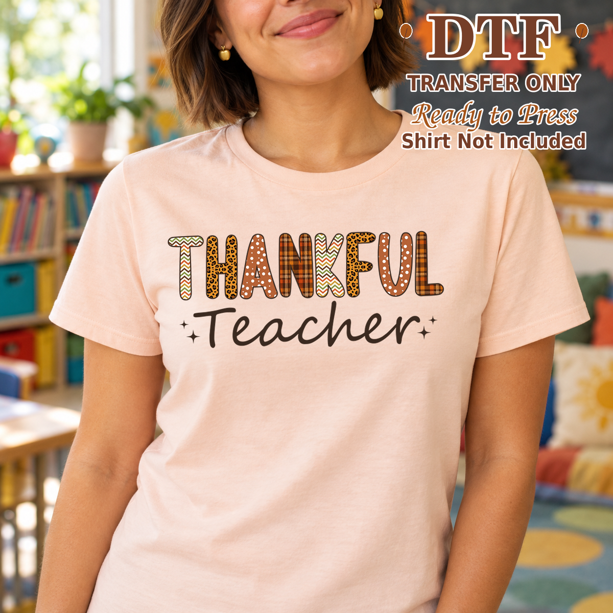 Woman in a pink tee with patterned THANKFUL lettering above Teacher script.
