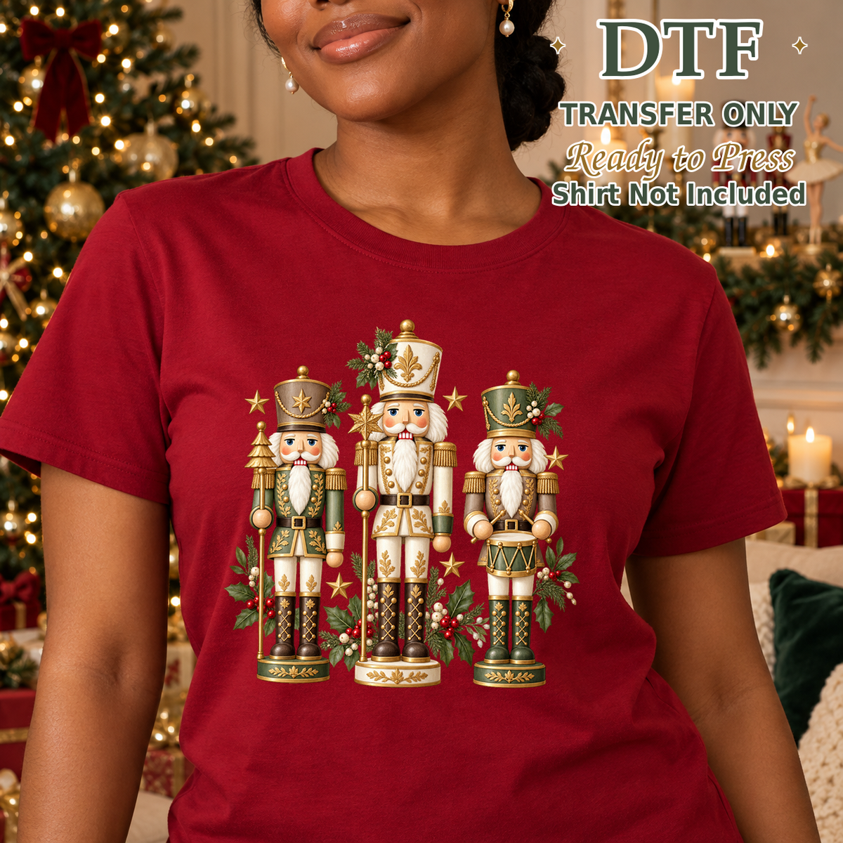 Woman in a red tee with three decorative Christmas nutcrackers.