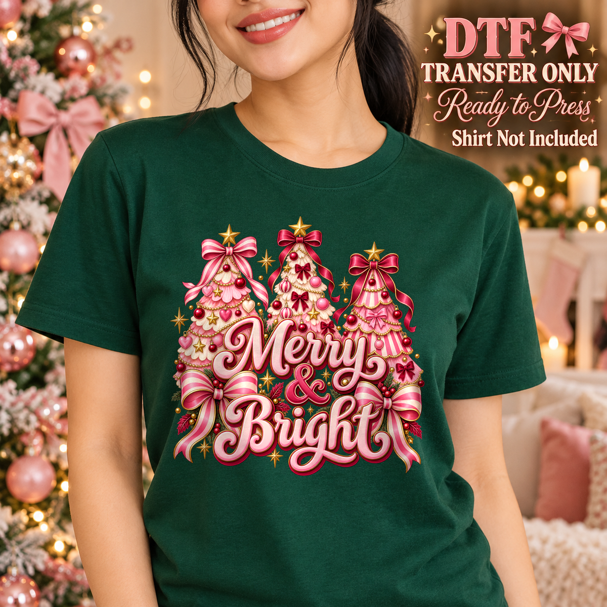 Woman in a green tee with Merry and Bright lettering and pink decorated Christmas trees.