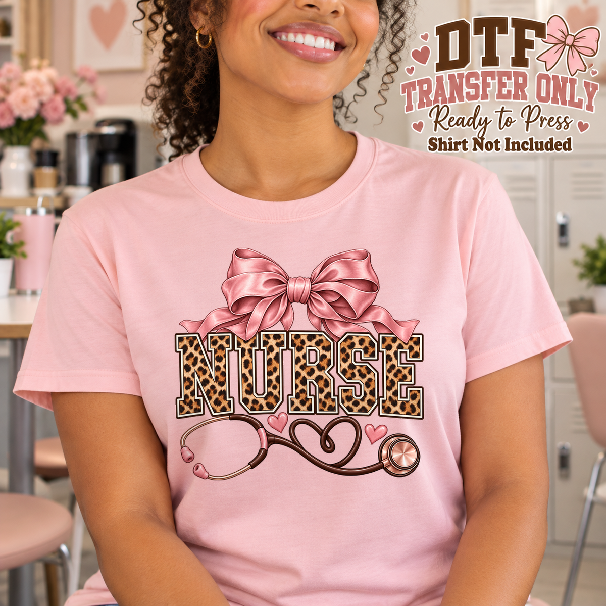 Woman in a pink tee with leopard NURSE lettering, a pink bow and a stethoscope.
