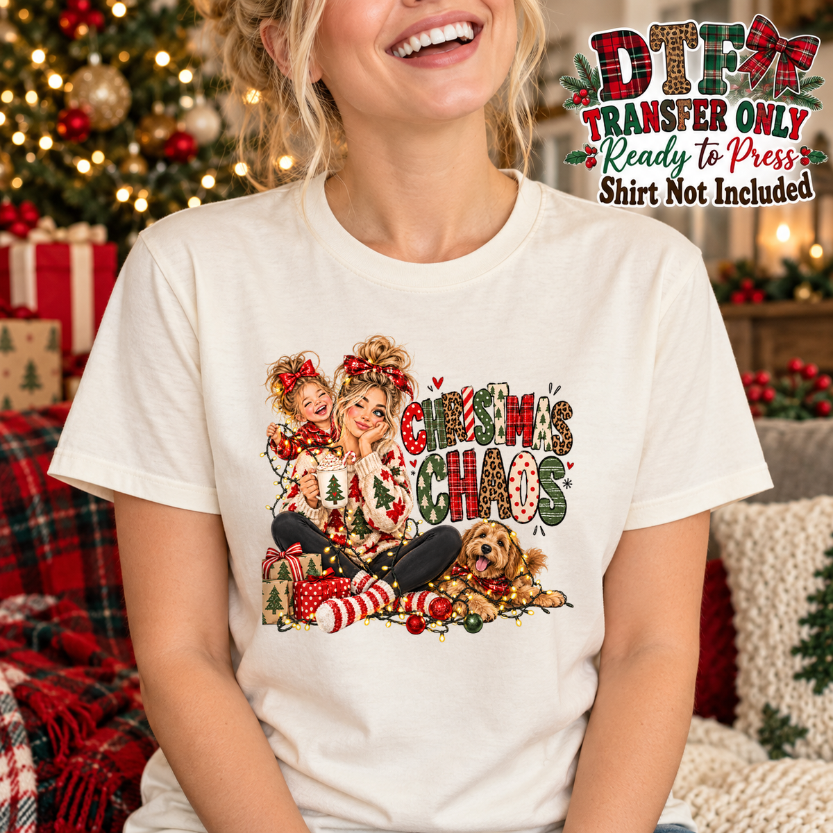 Woman in a cream tee with Christmas Chaos text and an illustrated mother, child, dog and presents.
