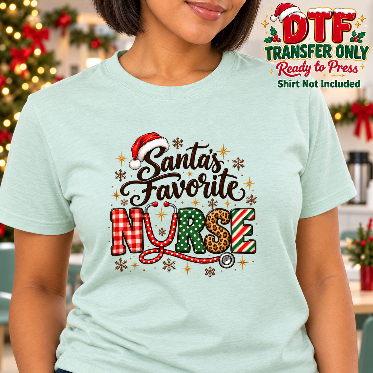 Woman in a mint tee with Santa's Favorite Nurse text in patterned holiday lettering.