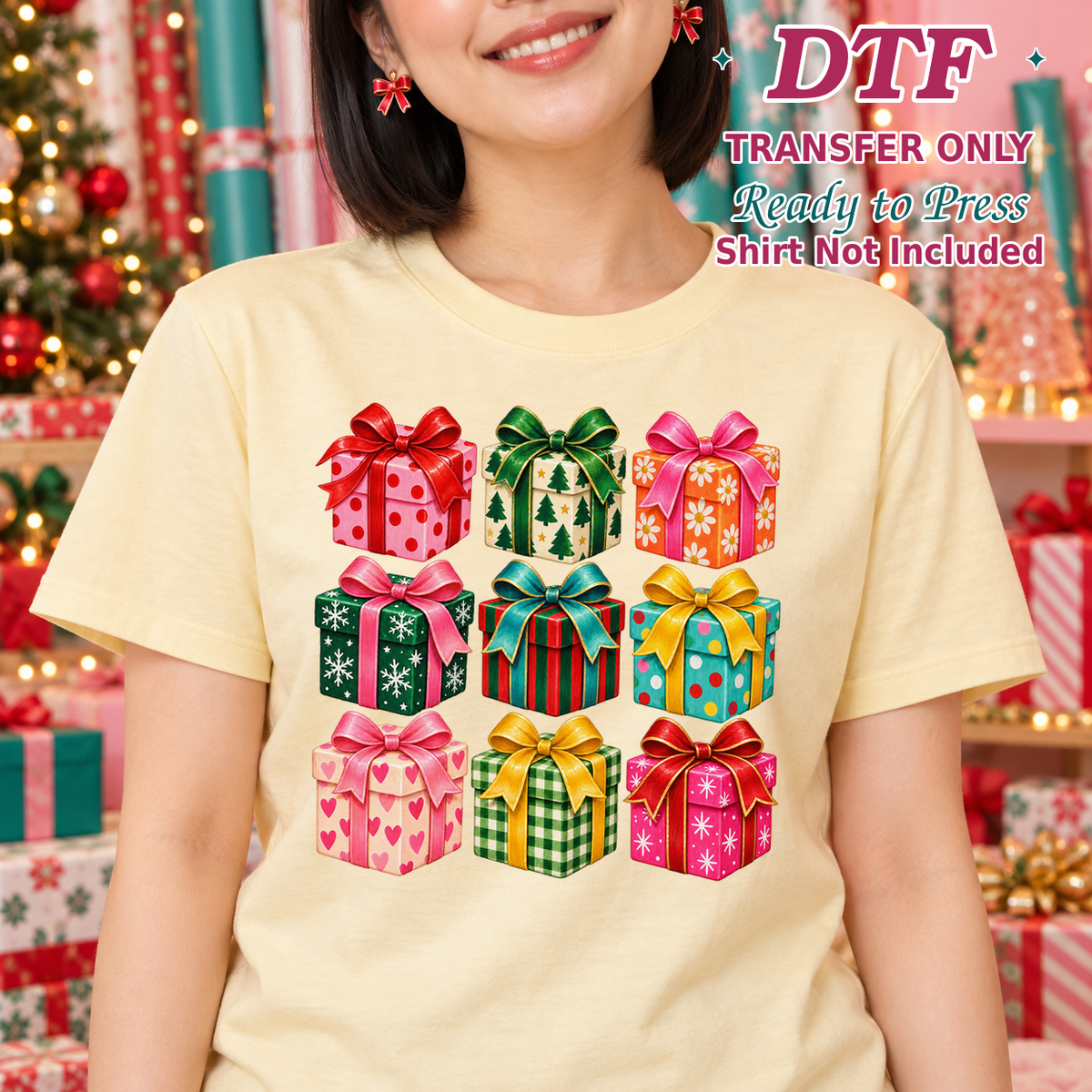 Woman in a pale yellow tee showing a grid of colorful wrapped Christmas presents with bows and transfer-only labeling.