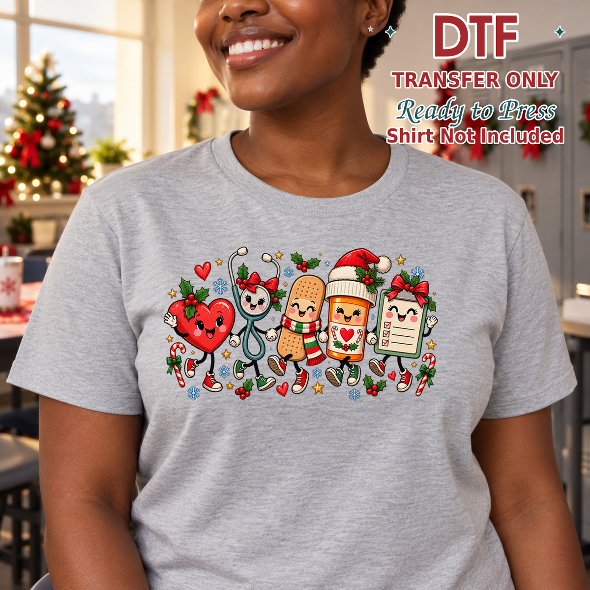 Woman in a heather gray tee displaying smiling medical characters in Christmas accessories, with DTF transfer-only text.