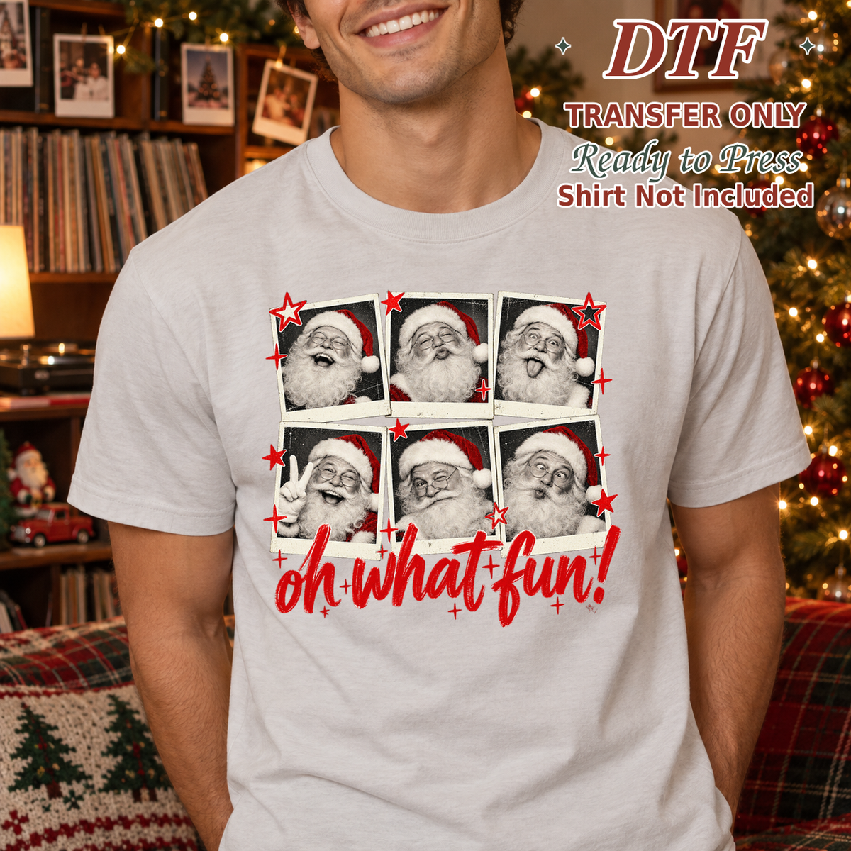 Man wearing a light gray tee with six vintage-style Santa portrait panels and red Oh What Fun lettering, labeled transfer only.
