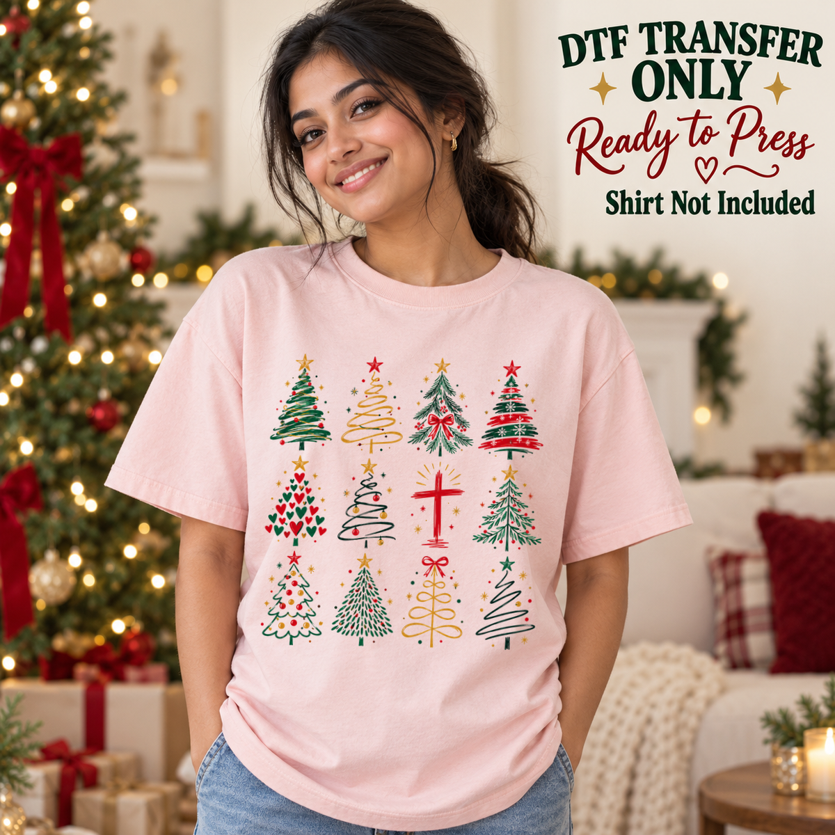 Woman in a pink tee displaying a grid of varied Christmas trees and a red cross, with DTF transfer-only text.