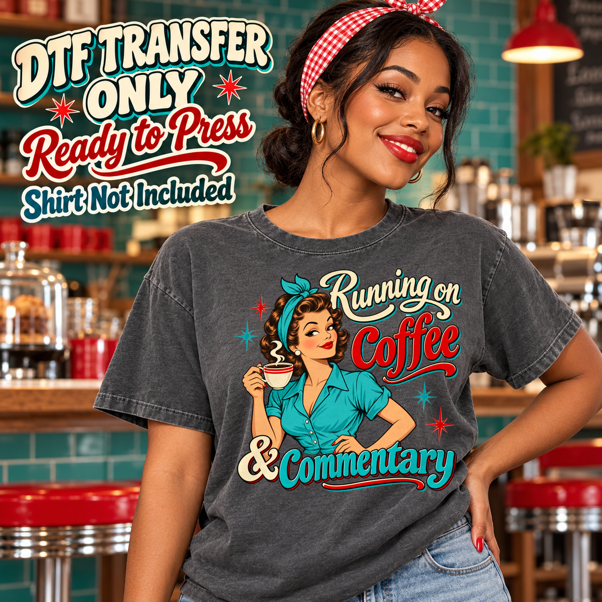 Woman in a charcoal washed tee displaying a retro woman holding coffee and Running on Coffee and Commentary text, labeled transfer only.