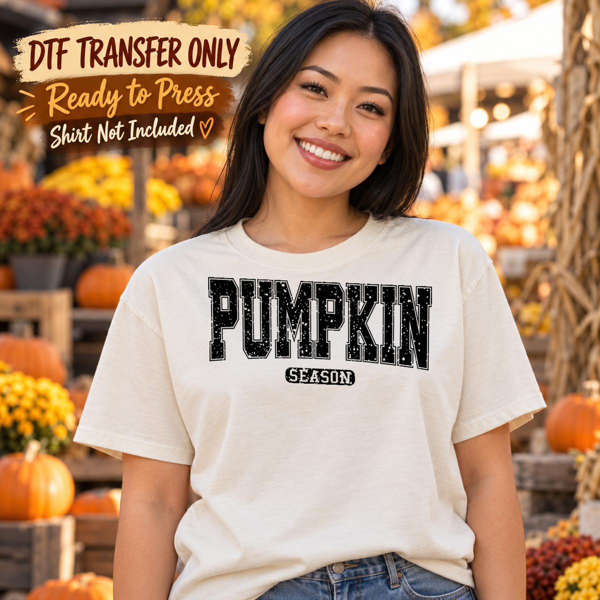 Woman in a white tee with large black varsity-style Pumpkin text and a small Season label underneath, marked transfer only.