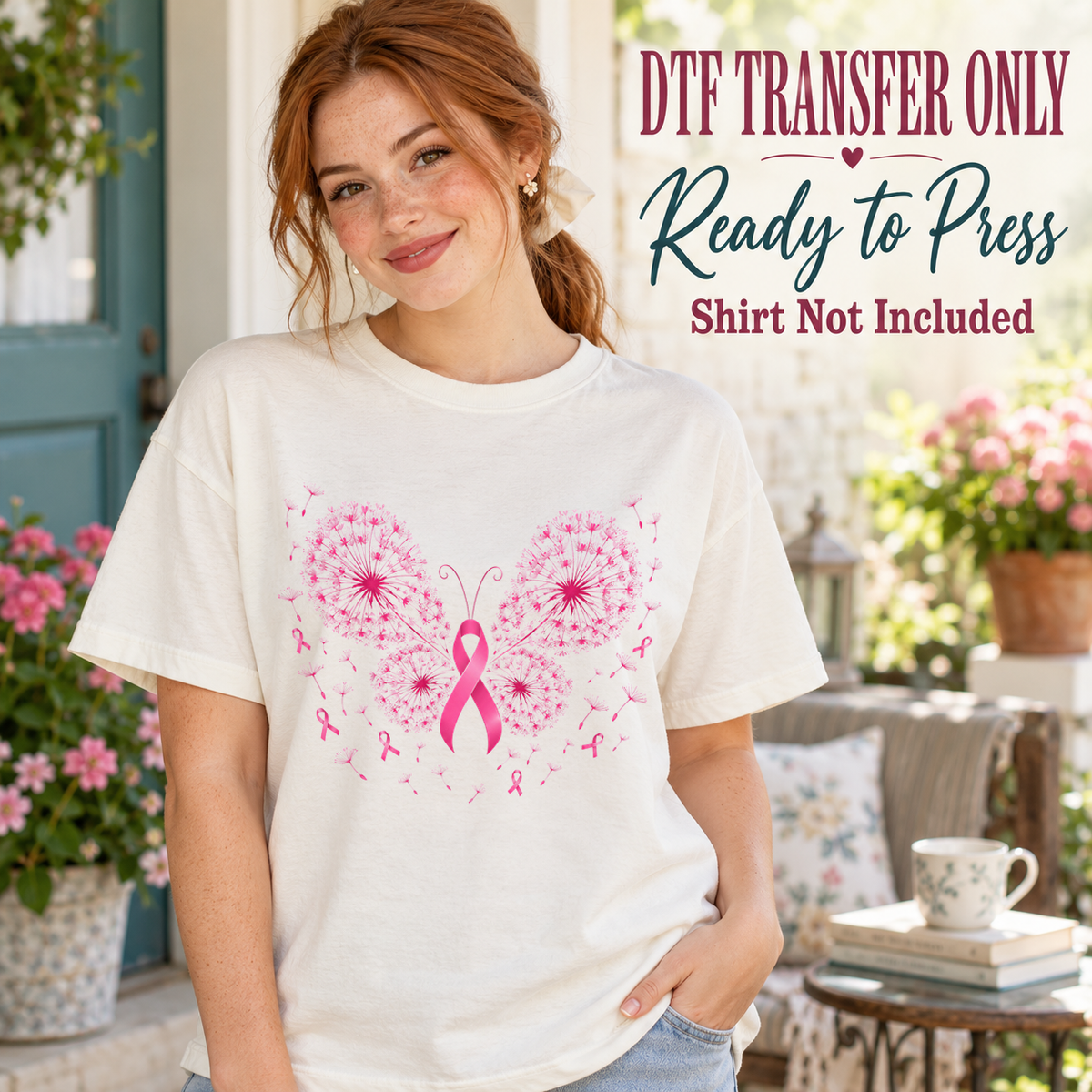 Woman in a white tee with pink dandelion butterfly wings, a central awareness ribbon and scattered tiny ribbons, labeled transfer only.