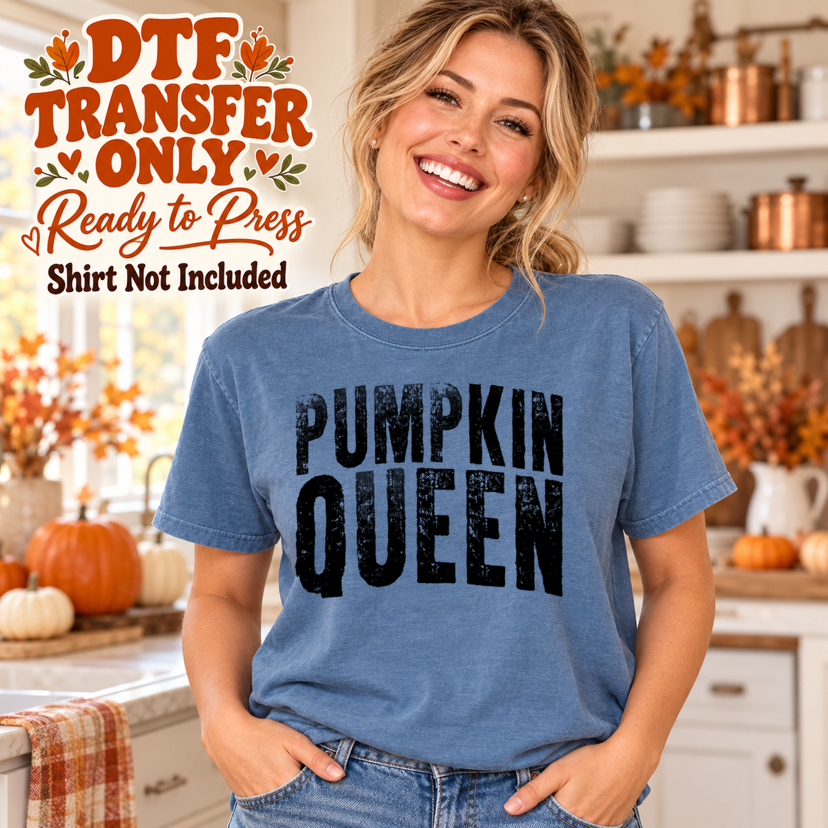 Woman in a blue tee displaying large distressed black Pumpkin Queen lettering, labeled DTF transfer only.