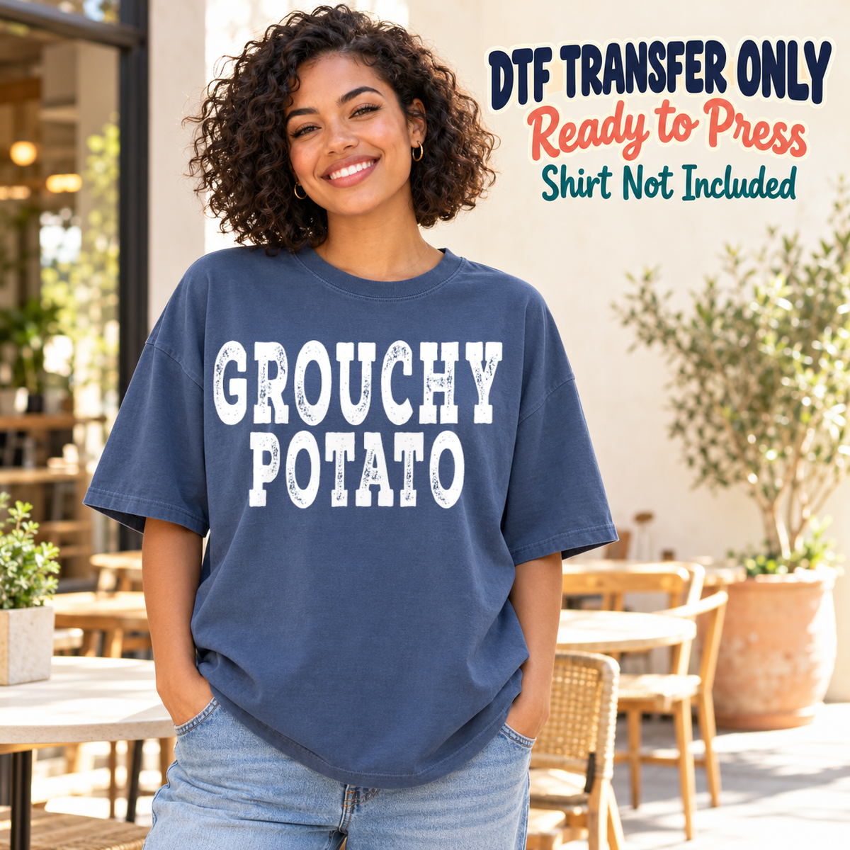 Woman in a navy tee displaying white distressed Grouchy Potato block lettering, labeled DTF transfer only.