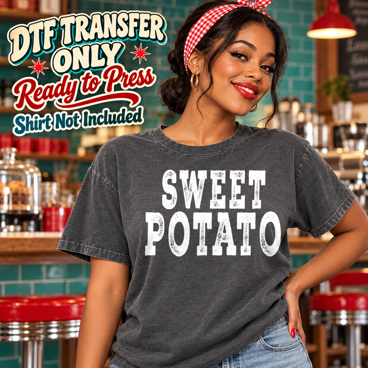 Woman in a charcoal washed tee with white distressed Sweet Potato block lettering, labeled DTF transfer only.