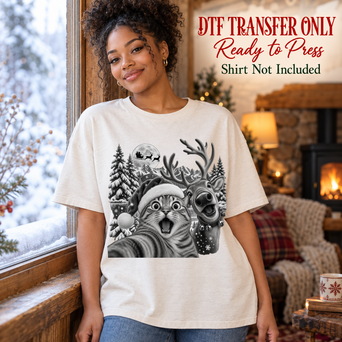 Black-and-white raccoon, deer and owl with woodland trees, shown on a white shirt model mockup; physical DTF transfer only, shirt not included.