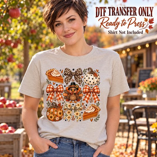 Autumn collage of coffee drinks, pumpkins and patterned bows, shown on a cream shirt model mockup; physical DTF transfer only, shirt not included.