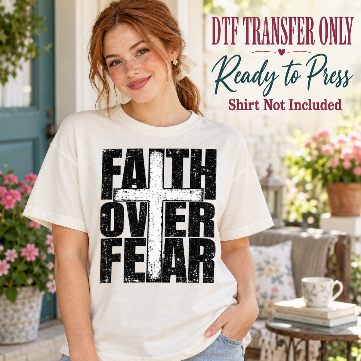 Black distressed FAITH OVER FEAR stacked block lettering, shown on a white shirt model mockup; physical DTF transfer only, shirt not included.