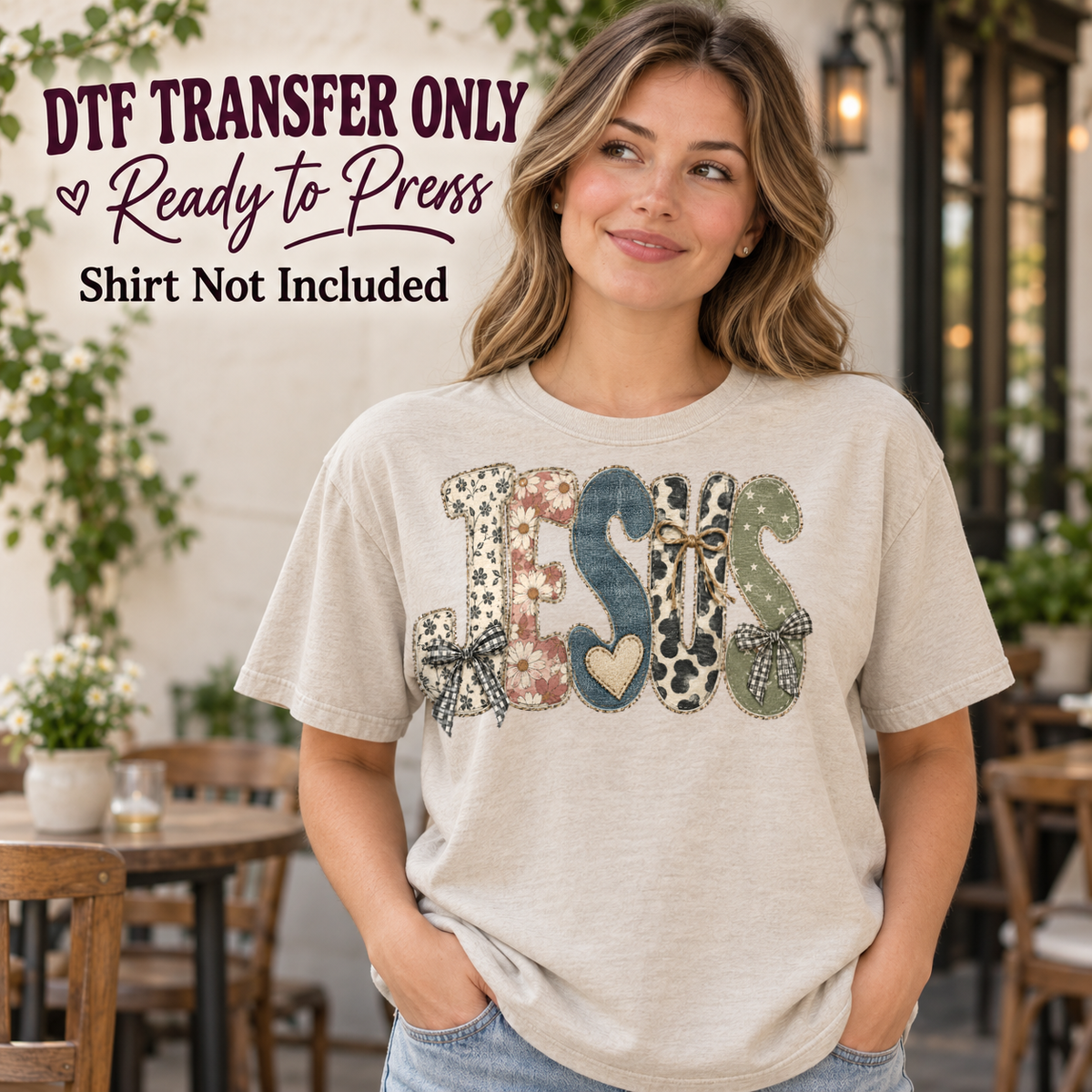 JESUS lettering in mixed floral and leopard patterns with bows, shown on a cream shirt model mockup; physical DTF transfer only, shirt not included.