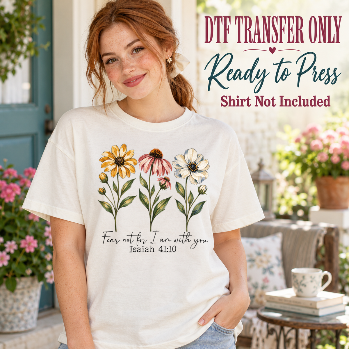 Three botanical flower stems above Fear not for I am with you and Isaiah 41:10, shown on a white shirt model mockup; physical DTF transfer only, shirt not included.