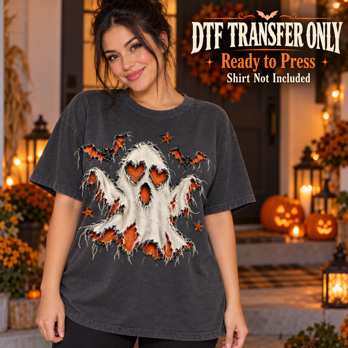 Three white ghost figures with orange accents and flying bats, shown on a charcoal shirt model mockup; physical DTF transfer only, shirt not included.
