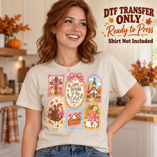 Pastel Thanksgiving collage with Give Thanks to the Lord text, church, turkey and pie, shown on a cream shirt model mockup; physical DTF transfer only, shirt not included.