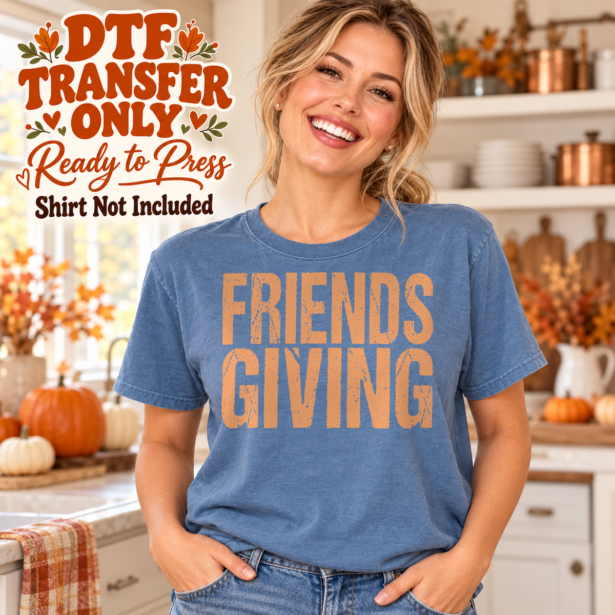 Orange FRIENDS GIVING stacked block lettering, shown on a blue shirt model mockup; physical DTF transfer only, shirt not included.