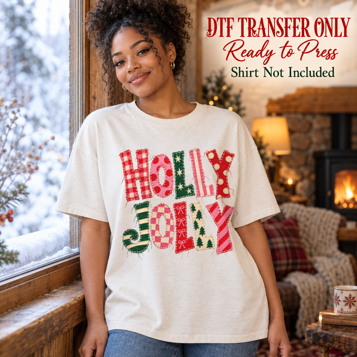Red and green patterned HOLLY JOLLY lettering, shown on a white shirt model mockup; physical DTF transfer only, shirt not included.