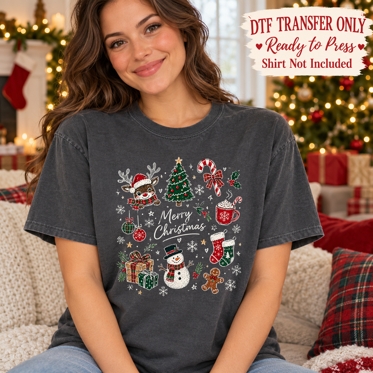 Merry Christmas collage with reindeer, snowman, tree, gifts and cocoa, shown on a charcoal shirt model mockup; physical DTF transfer only, shirt not included.