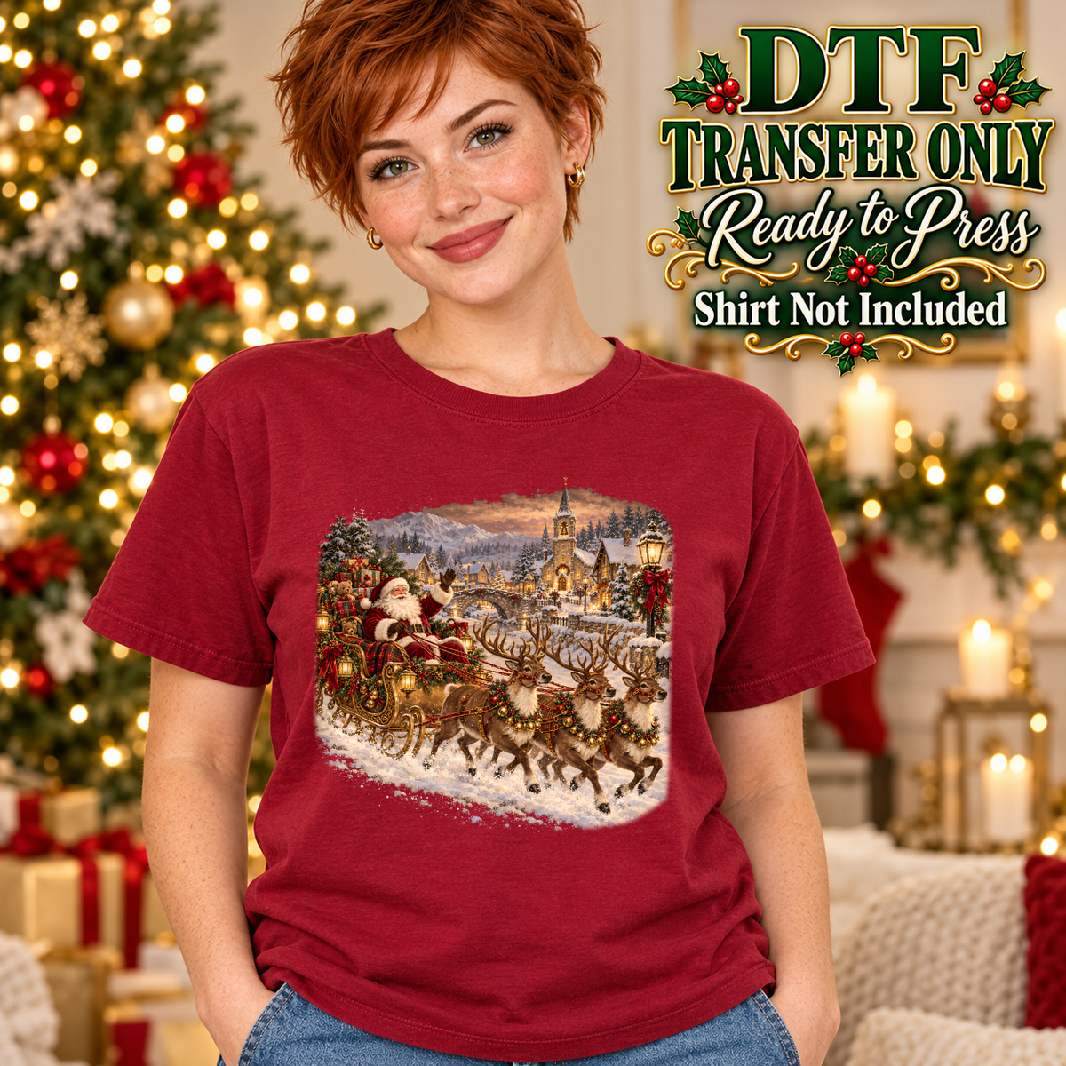 Model wearing a red shirt showing Santa riding a sleigh through a snowy village; DTF transfer only, shirt not included.