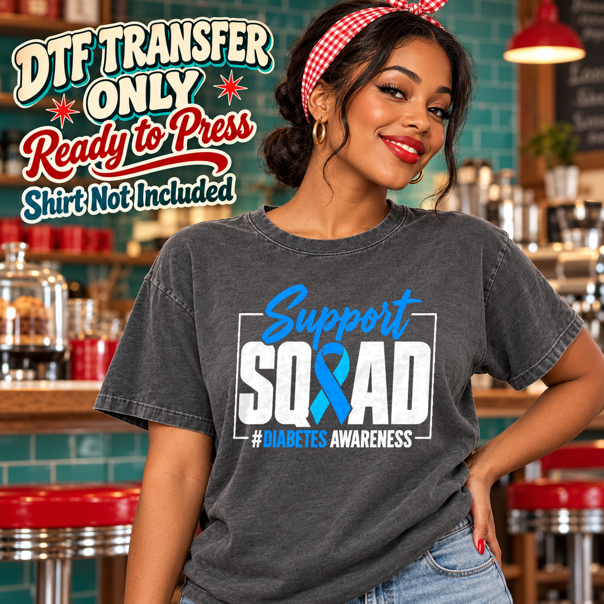 Model wearing a charcoal shirt showing Support Squad white lettering with a blue ribbon; DTF transfer only, shirt not included.