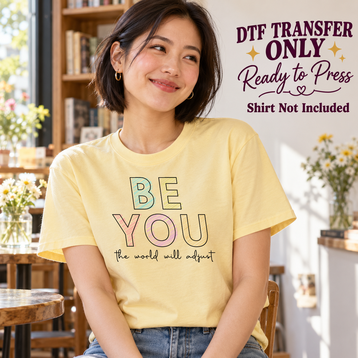 Model wearing a yellow shirt showing Be You the World Will Adjust in pastel dark-outlined letters; DTF transfer only, shirt not included.