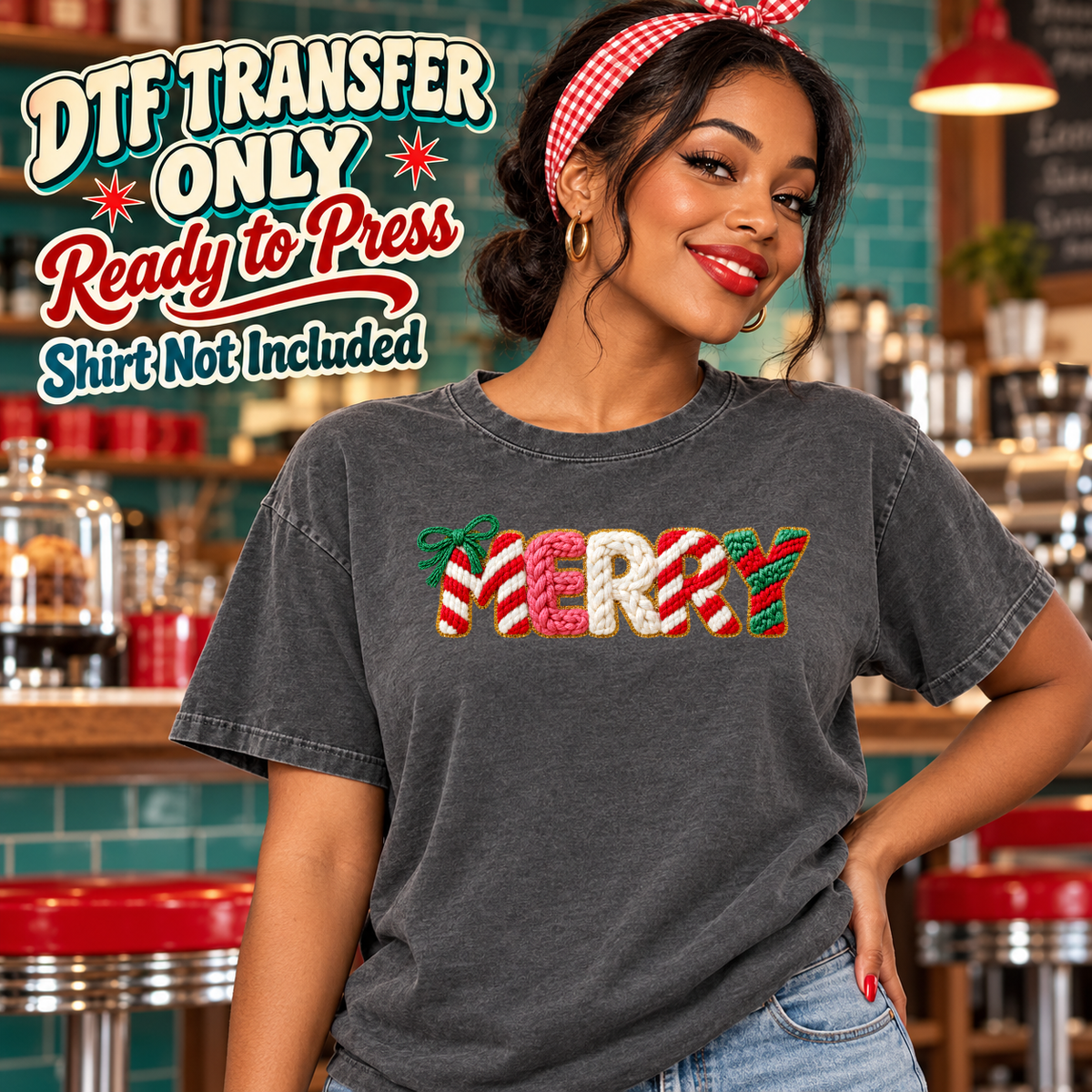 Model wearing a charcoal shirt showing Merry in red green and white knitted-look letters; DTF transfer only, shirt not included.