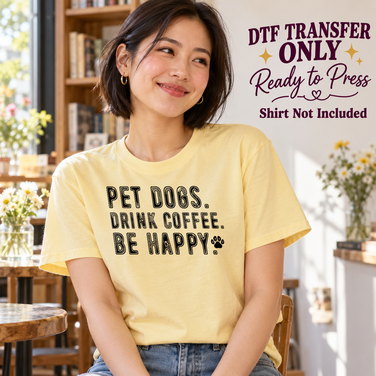 Model wearing a yellow shirt showing Pet Dogs Drink Coffee Be Happy in black lettering with a paw print; DTF transfer only, shirt not included.