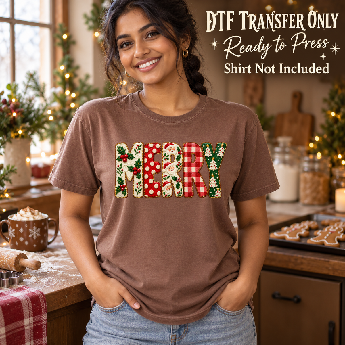 Model wearing a brown shirt showing Merry patchwork lettering with red gingham and holly; DTF transfer only, shirt not included.
